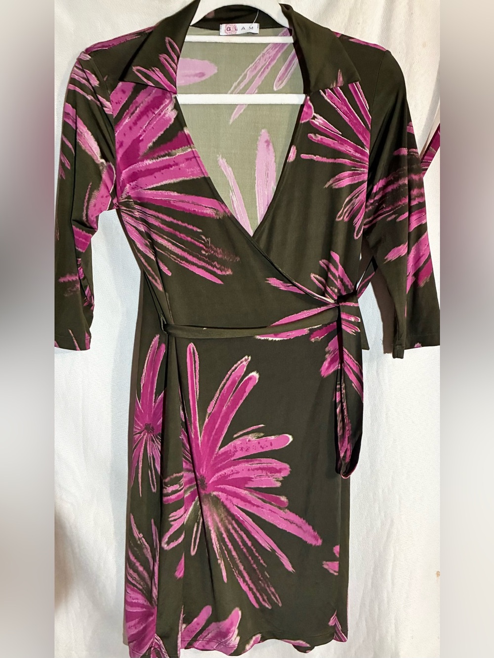 Glam 90s Y2K Real Wrap Dress Sz S Brown Floral Knee Length Festival Coachella